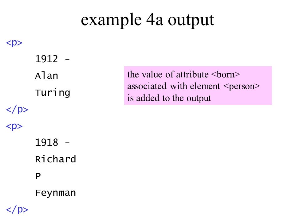 example 4a output Alan Turing Richard P Feynman the value of attribute associated with element is added to the output