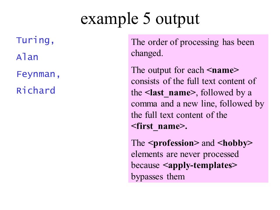 example 5 output Turing, Alan Feynman, Richard The order of processing has been changed.
