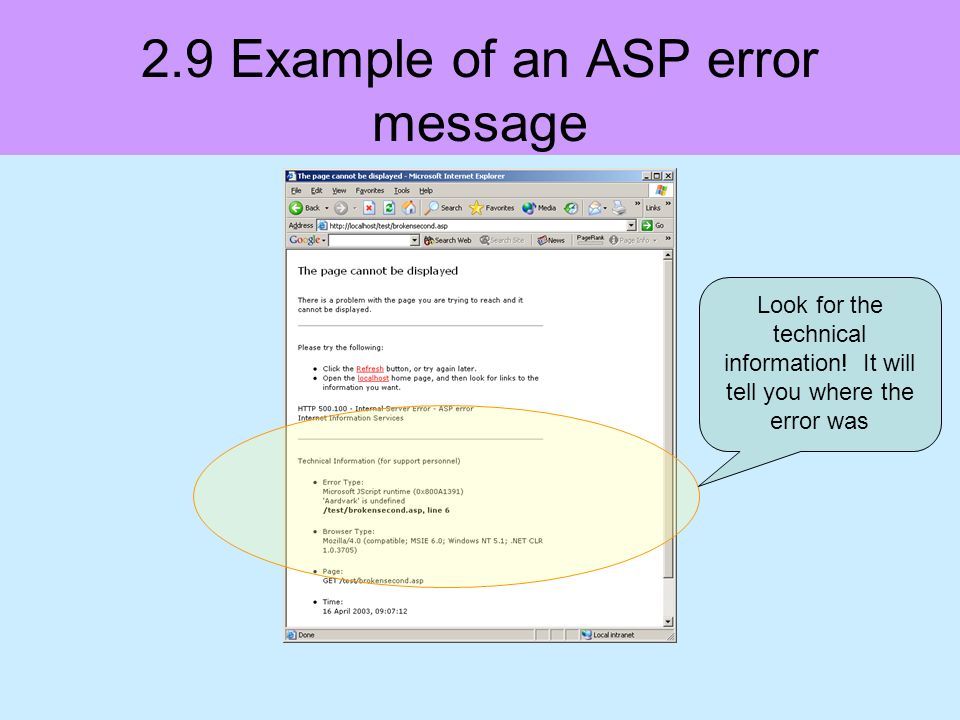 2.9 Example of an ASP error message Look for the technical information.