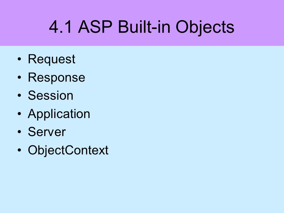 4.1 ASP Built-in Objects Request Response Session Application Server ObjectContext