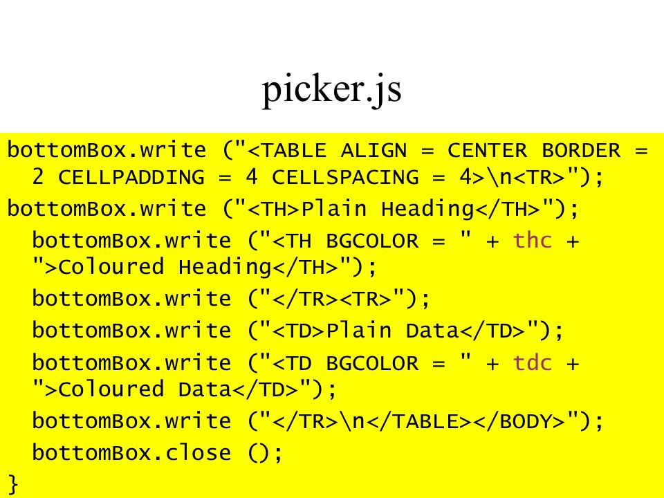 picker.js bottomBox.write ( \n ); bottomBox.write ( Plain Heading ); bottomBox.write ( Coloured Heading ); bottomBox.write ( ); bottomBox.write ( Plain Data ); bottomBox.write ( Coloured Data ); bottomBox.write ( \n ); bottomBox.close (); }