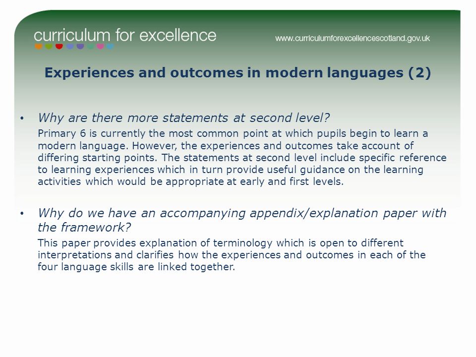 Experiences and outcomes in modern languages (2) Why are there more statements at second level.