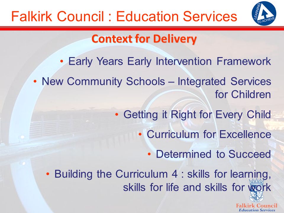 Falkirk Council : Education Services Context for Delivery Early Years Early Intervention Framework New Community Schools – Integrated Services for Children Getting it Right for Every Child Curriculum for Excellence Determined to Succeed Building the Curriculum 4 : skills for learning, skills for life and skills for work
