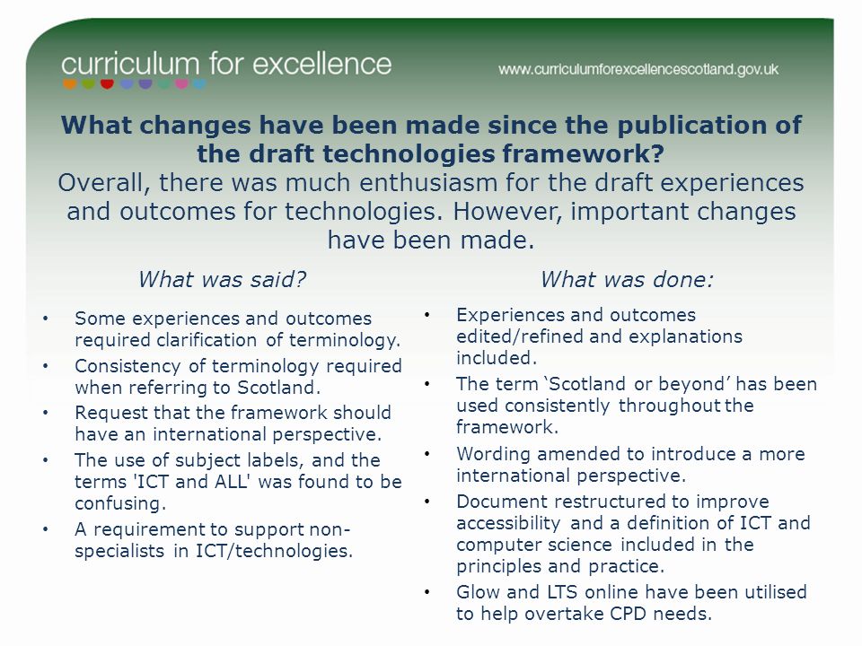 What changes have been made since the publication of the draft technologies framework.