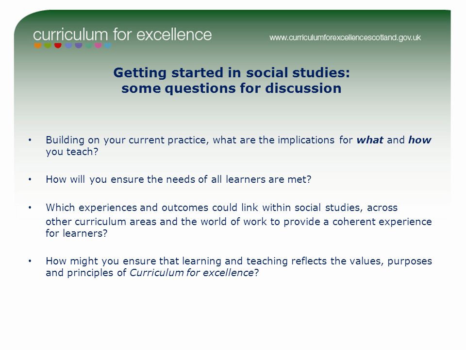 Getting started in social studies: some questions for discussion Building on your current practice, what are the implications for what and how you teach.