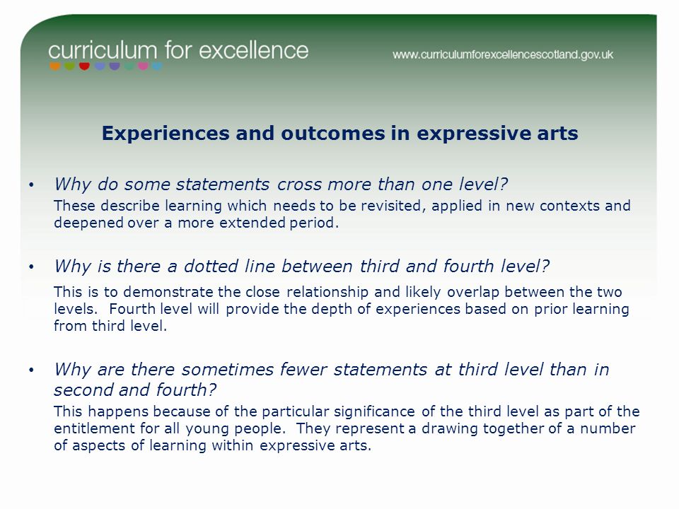 Experiences and outcomes in expressive arts Why do some statements cross more than one level.