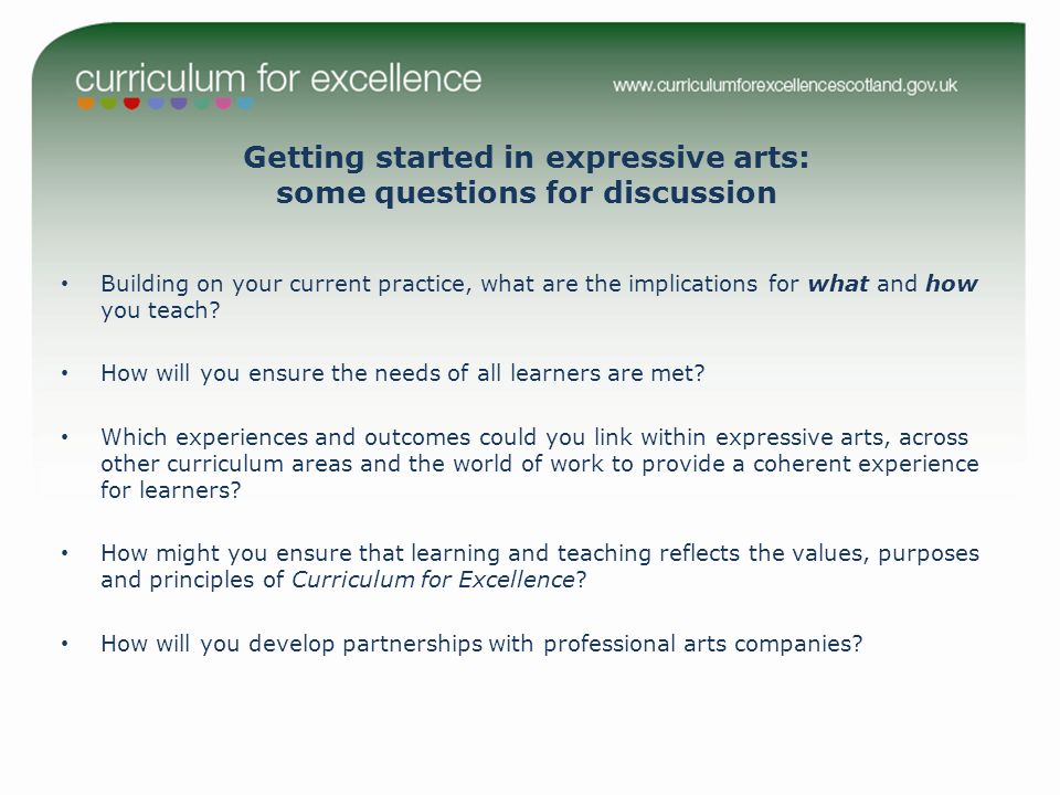 Getting started in expressive arts: some questions for discussion Building on your current practice, what are the implications for what and how you teach.
