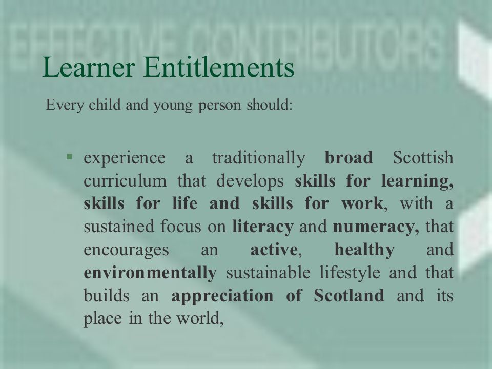 Learner Entitlements §experience a traditionally broad Scottish curriculum that develops skills for learning, skills for life and skills for work, with a sustained focus on literacy and numeracy, that encourages an active, healthy and environmentally sustainable lifestyle and that builds an appreciation of Scotland and its place in the world, Every child and young person should: