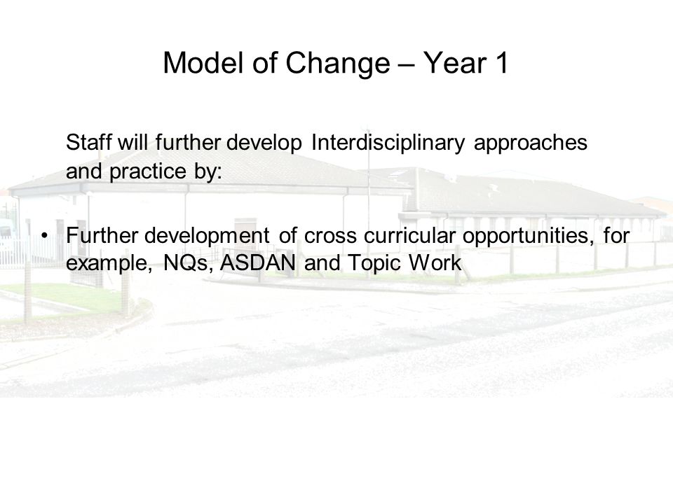 Model of Change – Year 1 Staff will further develop Interdisciplinary approaches and practice by: Further development of cross curricular opportunities, for example, NQs, ASDAN and Topic Work