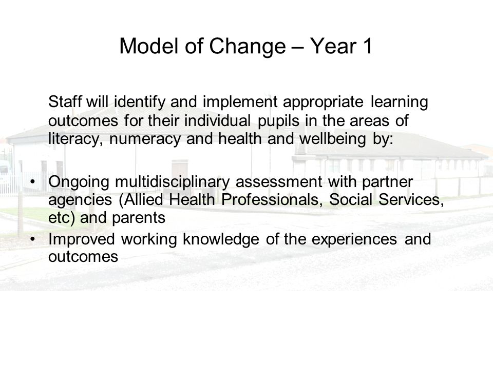 Model of Change – Year 1 Staff will identify and implement appropriate learning outcomes for their individual pupils in the areas of literacy, numeracy and health and wellbeing by: Ongoing multidisciplinary assessment with partner agencies (Allied Health Professionals, Social Services, etc) and parents Improved working knowledge of the experiences and outcomes