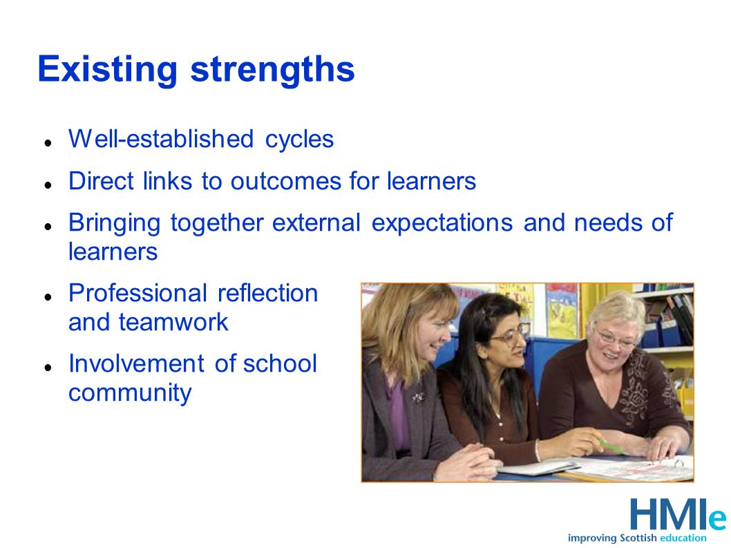 Existing strengths Well-established cycles Direct links to outcomes for learners Bringing together external expectations and needs of learners Professional reflection and teamwork Involvement of school community