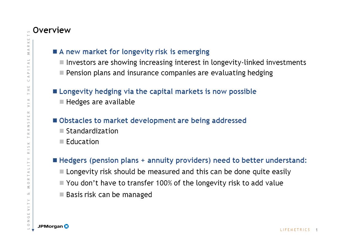 L I F E M E T R I C SL I F E M E T R I C S Overview A new market for longevity risk is emerging Investors are showing increasing interest in longevity-linked investments Pension plans and insurance companies are evaluating hedging Longevity hedging via the capital markets is now possible Hedges are available Obstacles to market development are being addressed Standardization Education Hedgers (pension plans + annuity providers) need to better understand: Longevity risk should be measured and this can be done quite easily You dont have to transfer 100% of the longevity risk to add value Basis risk can be managed 1 L O N G E V I T Y & M O R T A L I T Y R I S K T R A N S F E R V I A T H E C A P I T A L M A R K E T SL O N G E V I T Y & M O R T A L I T Y R I S K T R A N S F E R V I A T H E C A P I T A L M A R K E T S