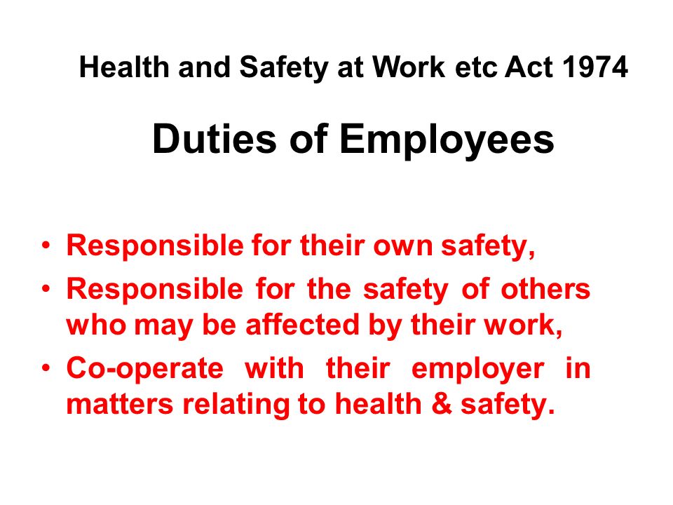 Duties of Employees Responsible for their own safety, Responsible for the safety of others who may be affected by their work, Co-operate with their employer in matters relating to health & safety.