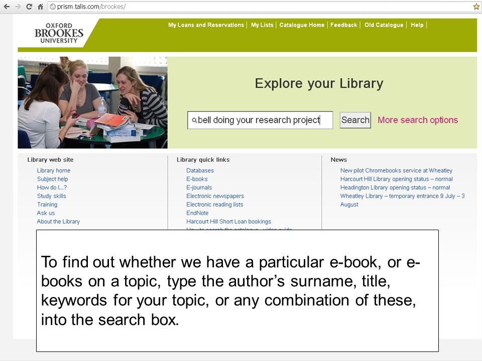 To find out whether we have a particular e-book, or e- books on a topic, type the authors surname, title, keywords for your topic, or any combination of these, into the search box.