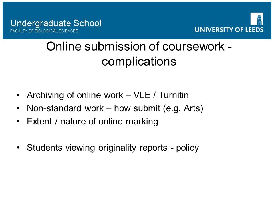 Online submission of coursework - complications Archiving of online work – VLE / Turnitin Non-standard work – how submit (e.g.