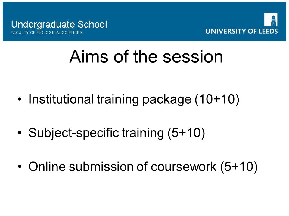 Aims of the session Institutional training package (10+10) Subject-specific training (5+10) Online submission of coursework (5+10)