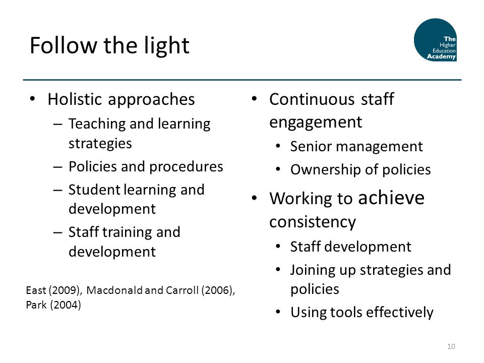 Follow the light 10 Continuous staff engagement Senior management Ownership of policies Working to achieve consistency Staff development Joining up strategies and policies Using tools effectively Holistic approaches – Teaching and learning strategies – Policies and procedures – Student learning and development – Staff training and development East (2009), Macdonald and Carroll (2006), Park (2004)