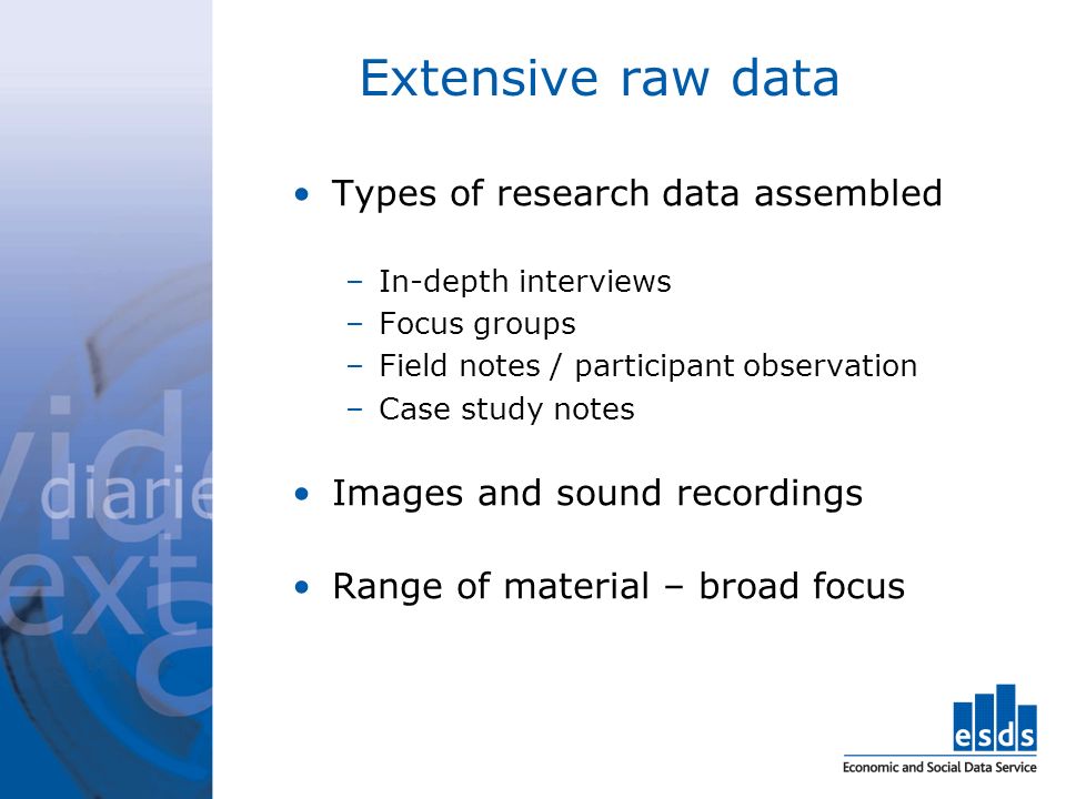 Extensive raw data Types of research data assembled –In-depth interviews –Focus groups –Field notes / participant observation –Case study notes Images and sound recordings Range of material – broad focus
