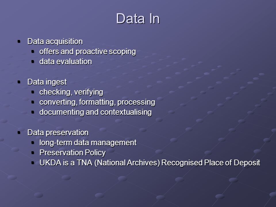 Data In Data acquisition Data acquisition offers and proactive scoping offers and proactive scoping data evaluation data evaluation Data ingest Data ingest checking, verifying checking, verifying converting, formatting, processing converting, formatting, processing documenting and contextualising documenting and contextualising Data preservation Data preservation long-term data management long-term data management Preservation Policy Preservation Policy UKDA is a TNA (National Archives) Recognised Place of Deposit UKDA is a TNA (National Archives) Recognised Place of Deposit