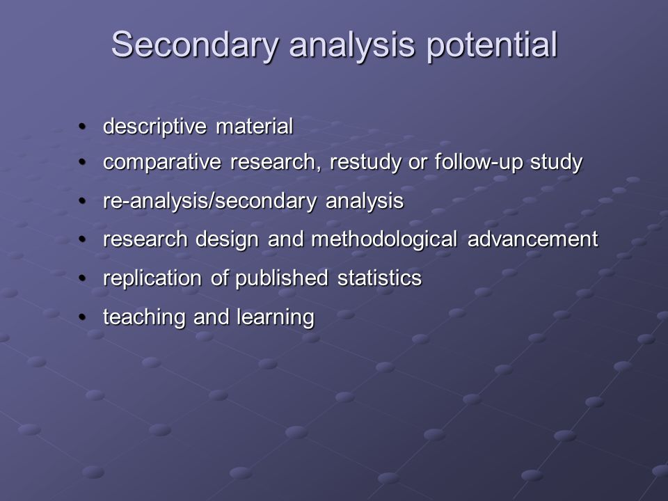 Secondary analysis potential descriptive materialdescriptive material comparative research, restudy or follow-up studycomparative research, restudy or follow-up study re-analysis/secondary analysisre-analysis/secondary analysis research design and methodological advancementresearch design and methodological advancement replication of published statisticsreplication of published statistics teaching and learningteaching and learning