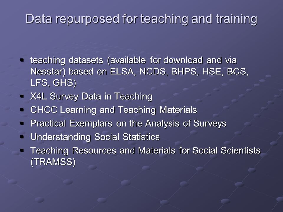 Data repurposed for teaching and training teaching datasets (available for download and via Nesstar) based on ELSA, NCDS, BHPS, HSE, BCS, LFS, GHS) teaching datasets (available for download and via Nesstar) based on ELSA, NCDS, BHPS, HSE, BCS, LFS, GHS) X4L Survey Data in Teaching X4L Survey Data in Teaching CHCC Learning and Teaching Materials CHCC Learning and Teaching Materials Practical Exemplars on the Analysis of Surveys Practical Exemplars on the Analysis of Surveys Understanding Social Statistics Understanding Social Statistics Teaching Resources and Materials for Social Scientists (TRAMSS) Teaching Resources and Materials for Social Scientists (TRAMSS)
