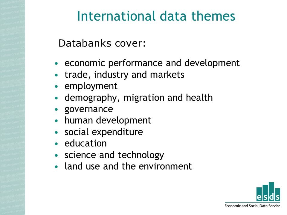 International data themes economic performance and development trade, industry and markets employment demography, migration and health governance human development social expenditure education science and technology land use and the environment Databanks cover: