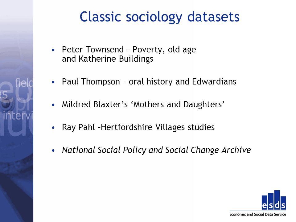 Classic sociology datasets Peter Townsend – Poverty, old age and Katherine Buildings Paul Thompson – oral history and Edwardians Mildred Blaxters Mothers and Daughters Ray Pahl –Hertfordshire Villages studies National Social Policy and Social Change Archive