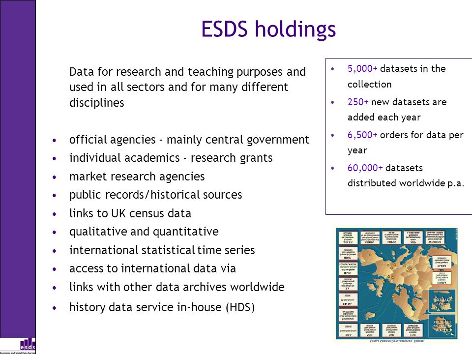 ESDS holdings Data for research and teaching purposes and used in all sectors and for many different disciplines official agencies - mainly central government individual academics - research grants market research agencies public records/historical sources links to UK census data qualitative and quantitative international statistical time series access to international data via links with other data archives worldwide history data service in-house (HDS) 5,000+ datasets in the collection 250+ new datasets are added each year 6,500+ orders for data per year 60,000+ datasets distributed worldwide p.a.