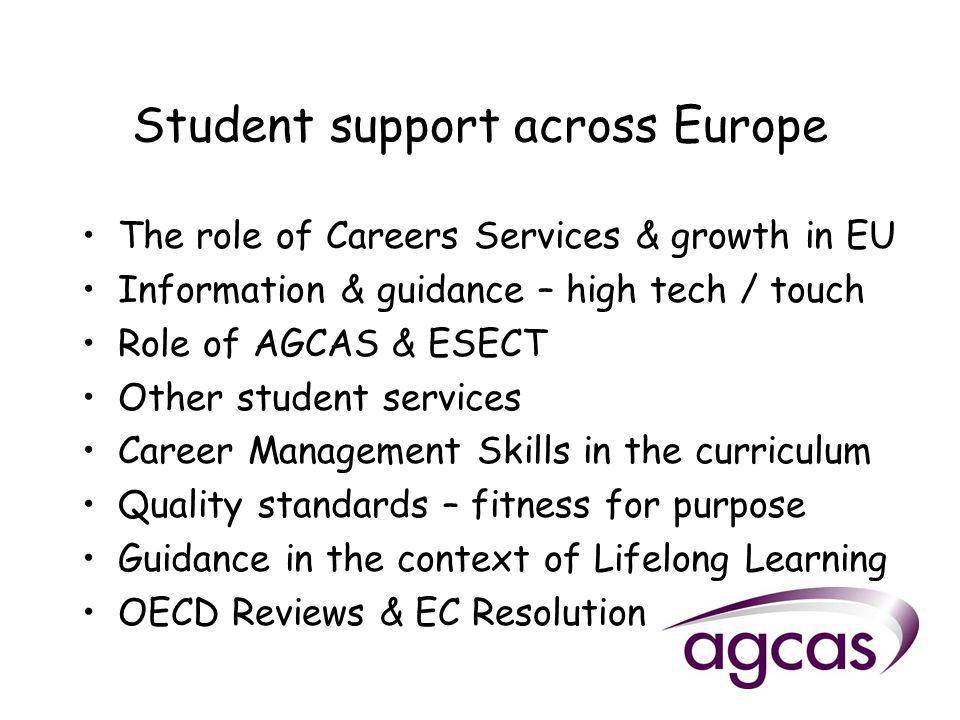 Student support across Europe The role of Careers Services & growth in EU Information & guidance – high tech / touch Role of AGCAS & ESECT Other student services Career Management Skills in the curriculum Quality standards – fitness for purpose Guidance in the context of Lifelong Learning OECD Reviews & EC Resolution