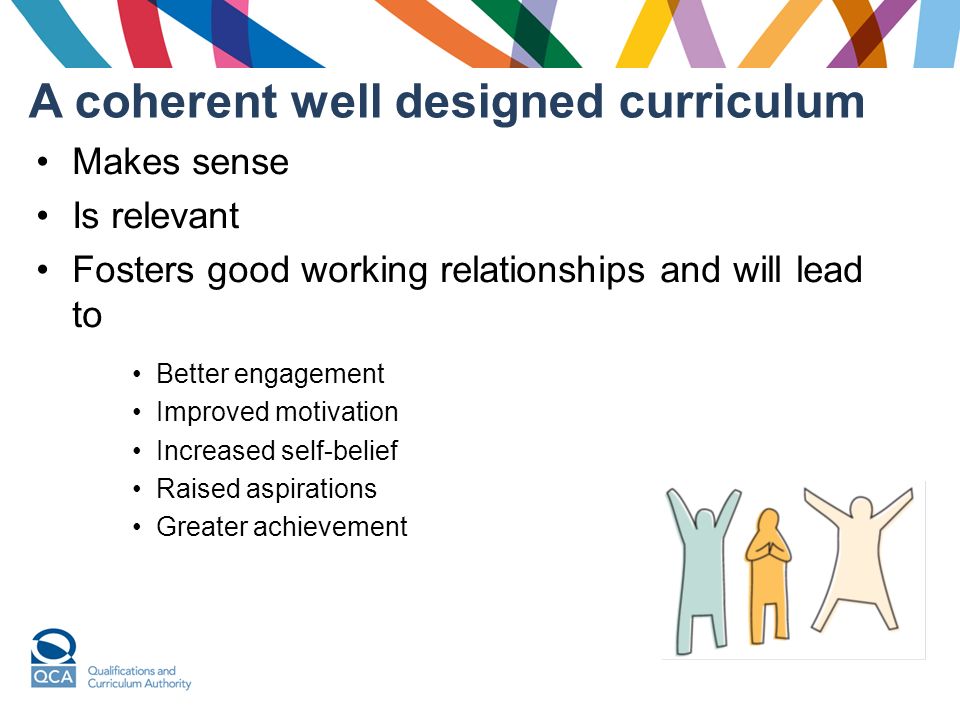 A coherent well designed curriculum Makes sense Is relevant Fosters good working relationships and will lead to Better engagement Improved motivation Increased self-belief Raised aspirations Greater achievement
