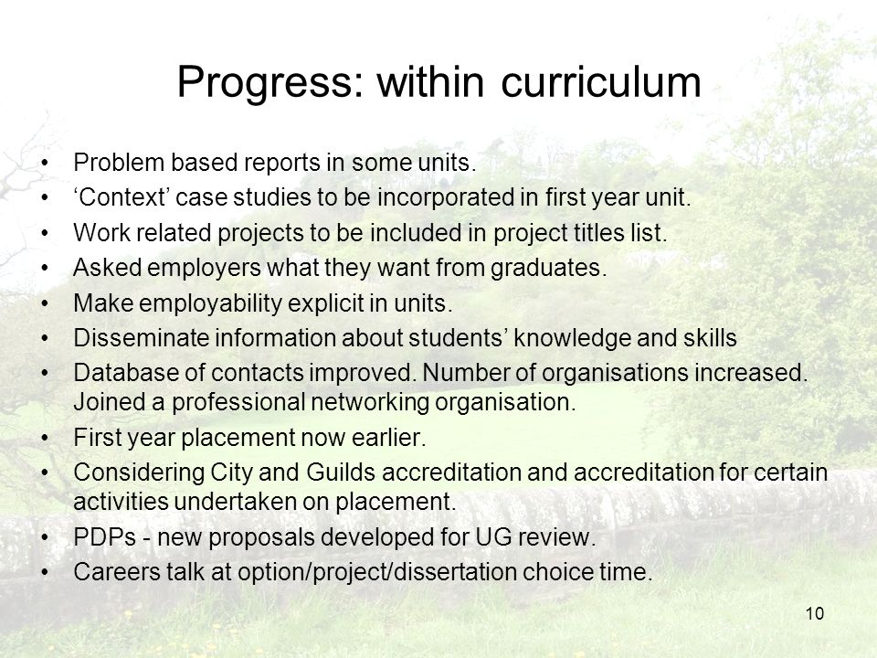 10 Progress: within curriculum Problem based reports in some units.