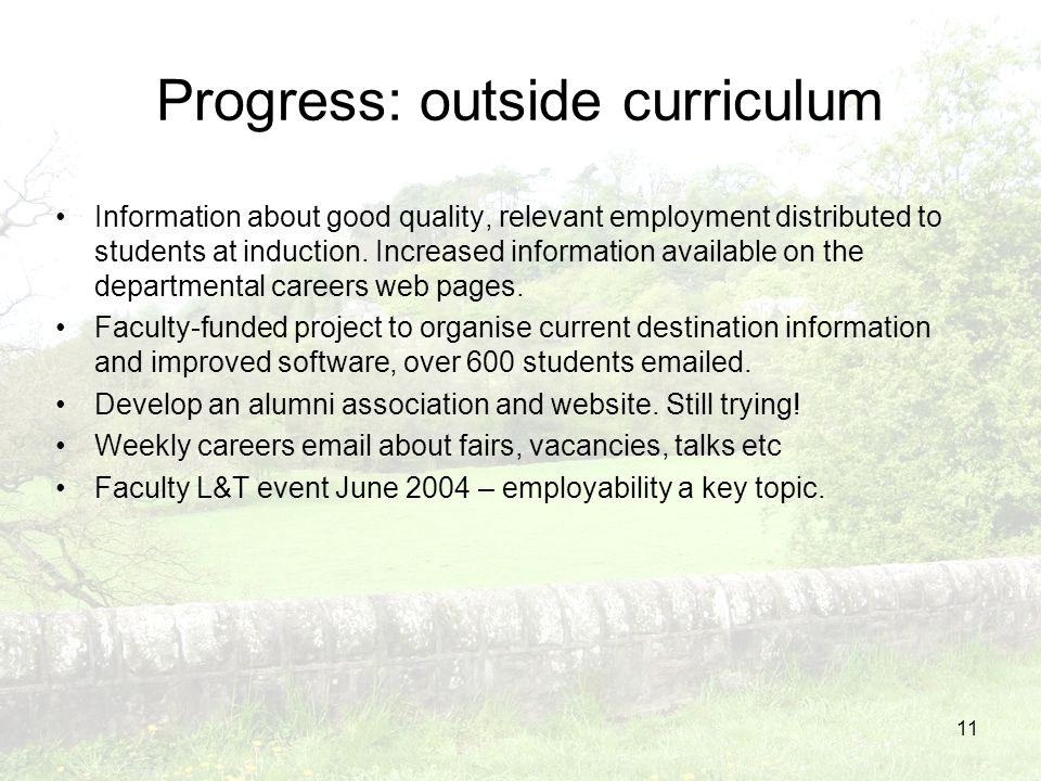 11 Progress: outside curriculum Information about good quality, relevant employment distributed to students at induction.
