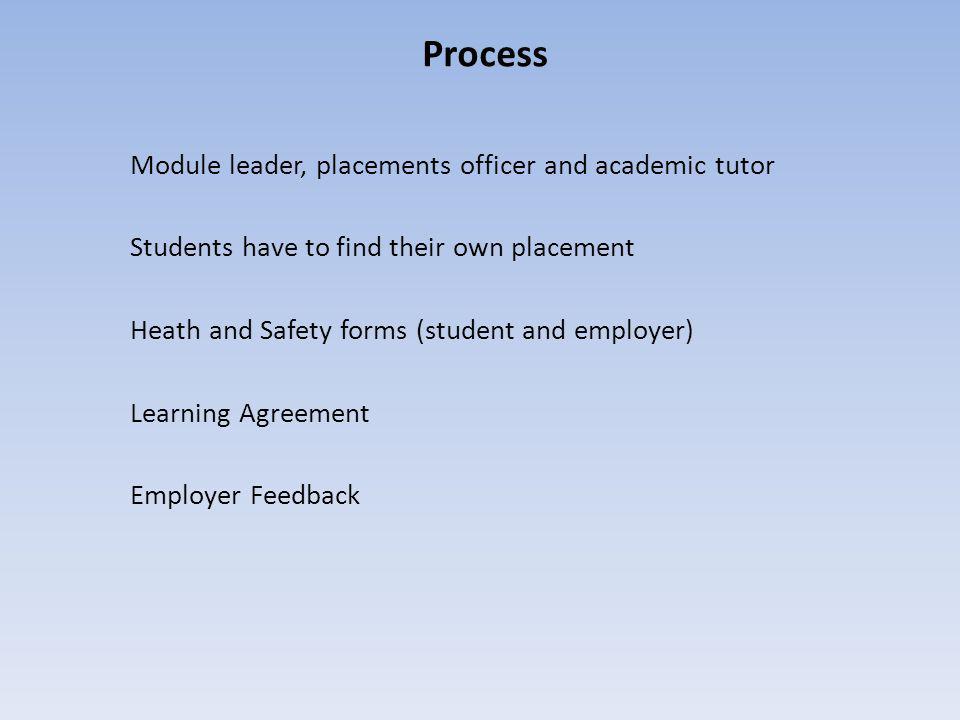 Process Module leader, placements officer and academic tutor Heath and Safety forms (student and employer) Learning Agreement Students have to find their own placement Employer Feedback