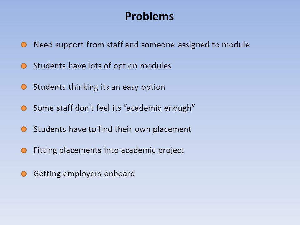 Problems Students have lots of option modules Some staff don t feel its academic enough Students have to find their own placement Getting employers onboard Fitting placements into academic project Students thinking its an easy option Need support from staff and someone assigned to module