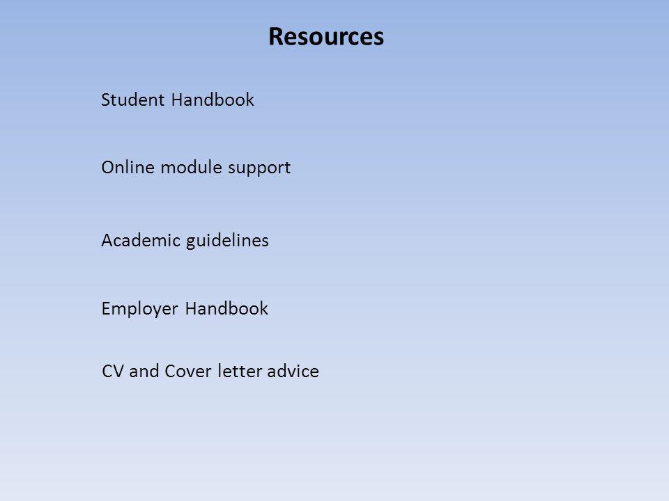 Resources Student Handbook Online module support Academic guidelines Employer Handbook CV and Cover letter advice