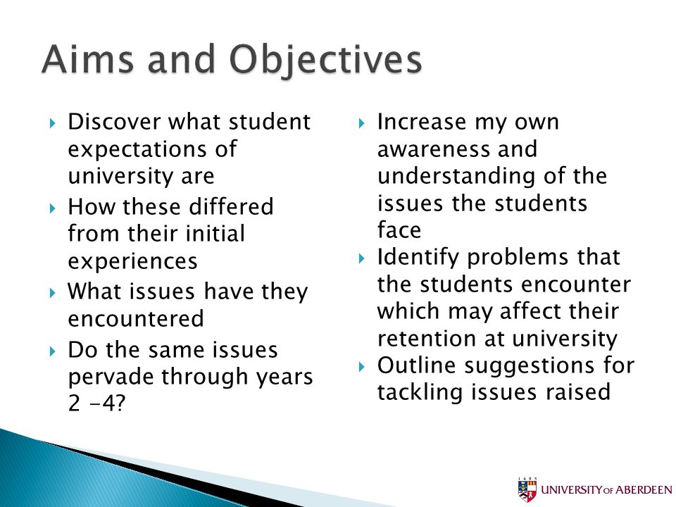 Discover what student expectations of university are How these differed from their initial experiences What issues have they encountered Do the same issues pervade through years 2 -4.