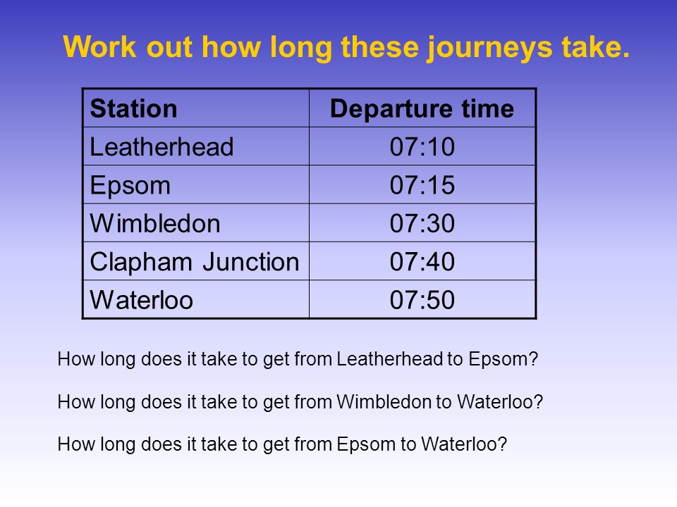 Timetables. How long does a journey take? If you wish to find out how long  a journey lasts, you need to know the start time and the end time of the  journey. -