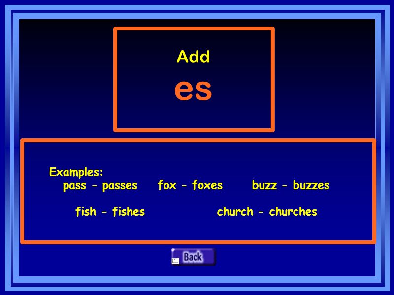 Add es Examples: pass - passesfox - foxesbuzz - buzzes fish - fisheschurch - churches