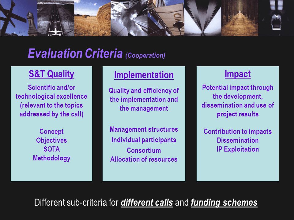 Evaluation Criteria (Cooperation) S&T Quality Scientific and/or technological excellence (relevant to the topics addressed by the call) Concept Objectives SOTA Methodology Impact Potential impact through the development, dissemination and use of project results Contribution to impacts Dissemination IP Exploitation Implementation Quality and efficiency of the implementation and the management Management structures Individual participants Consortium Allocation of resources Different sub-criteria for different calls and funding schemes