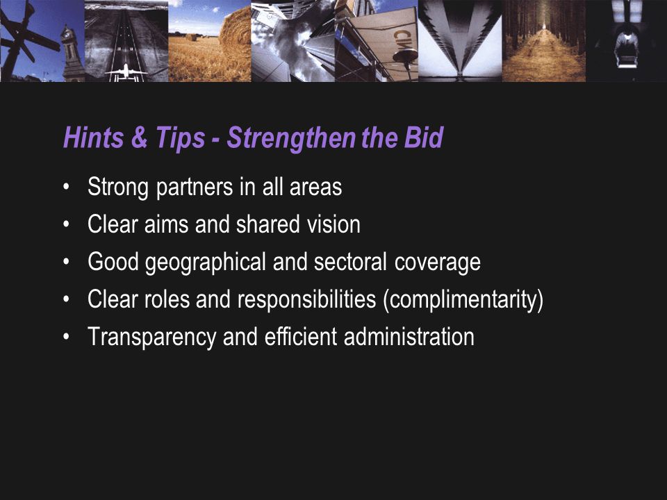 Hints & Tips - Strengthen the Bid Strong partners in all areas Clear aims and shared vision Good geographical and sectoral coverage Clear roles and responsibilities (complimentarity) Transparency and efficient administration
