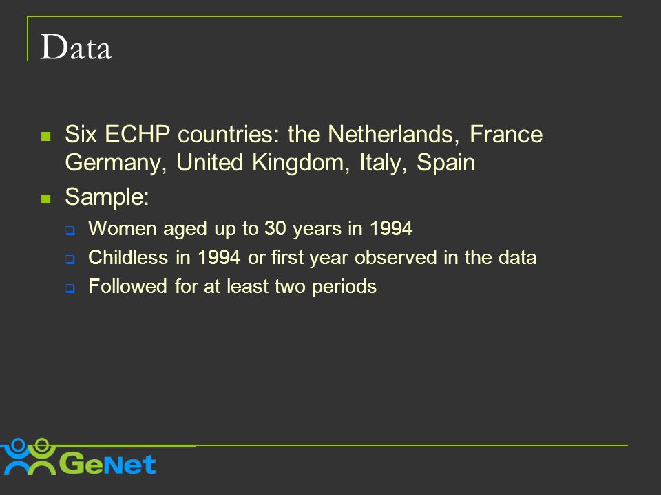 Data Six ECHP countries: the Netherlands, France Germany, United Kingdom, Italy, Spain Sample: Women aged up to 30 years in 1994 Childless in 1994 or first year observed in the data Followed for at least two periods