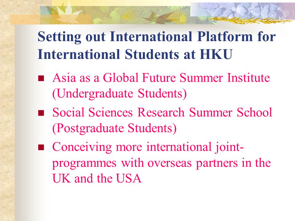 Setting out International Platform for International Students at HKU Asia as a Global Future Summer Institute (Undergraduate Students) Social Sciences Research Summer School (Postgraduate Students) Conceiving more international joint- programmes with overseas partners in the UK and the USA