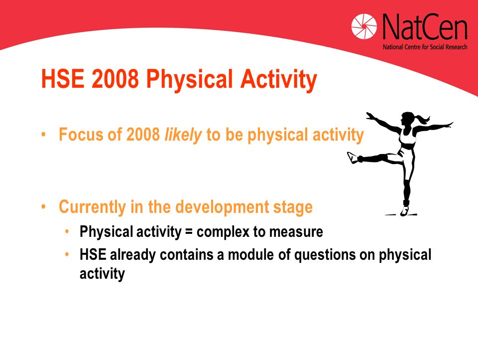 HSE 2008 Physical Activity Focus of 2008 likely to be physical activity Currently in the development stage Physical activity = complex to measure HSE already contains a module of questions on physical activity