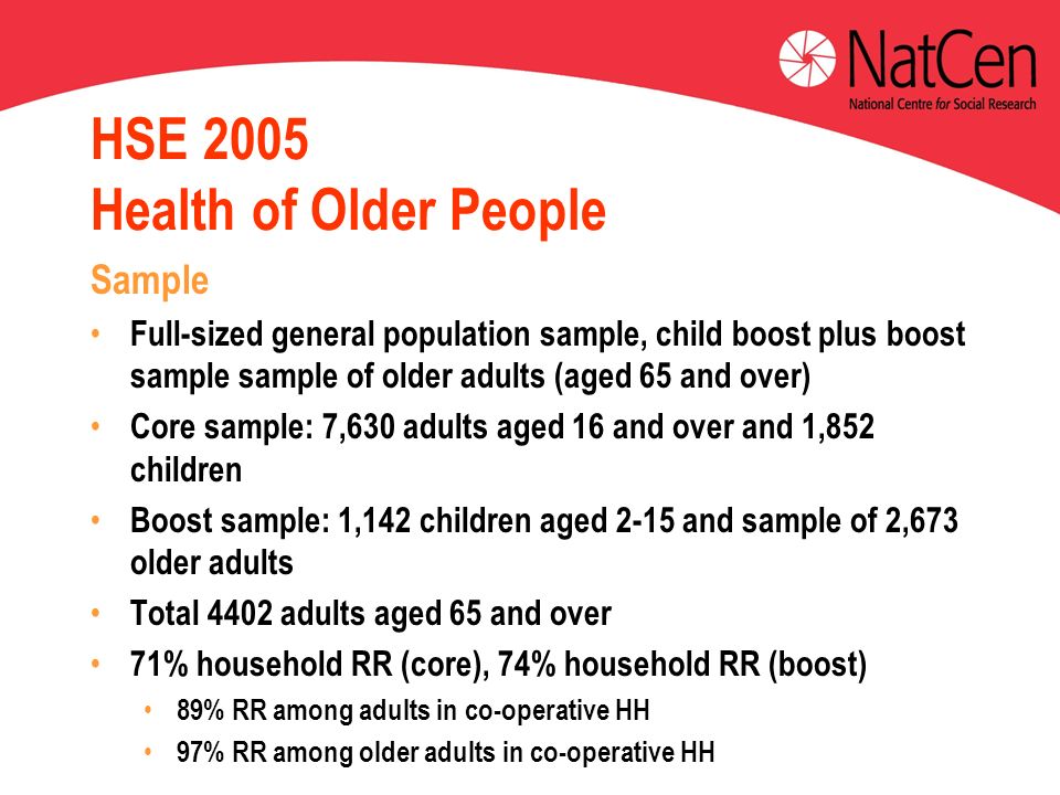 HSE 2005 Health of Older People Sample Full-sized general population sample, child boost plus boost sample sample of older adults (aged 65 and over) Core sample: 7,630 adults aged 16 and over and 1,852 children Boost sample: 1,142 children aged 2-15 and sample of 2,673 older adults Total 4402 adults aged 65 and over 71% household RR (core), 74% household RR (boost) 89% RR among adults in co-operative HH 97% RR among older adults in co-operative HH