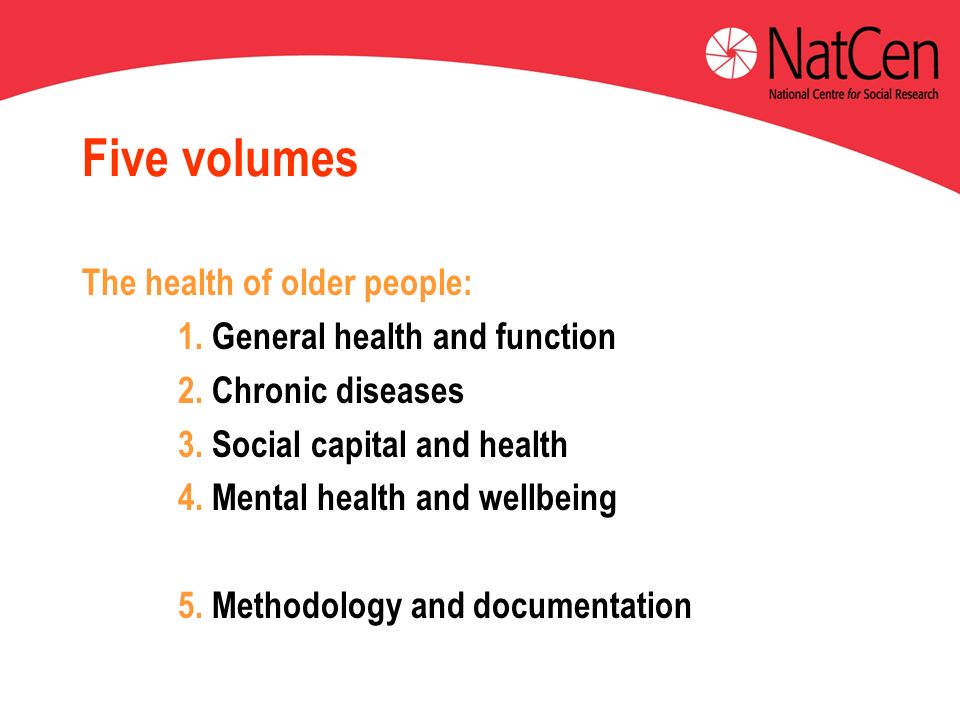 Five volumes The health of older people: 1. General health and function 2.