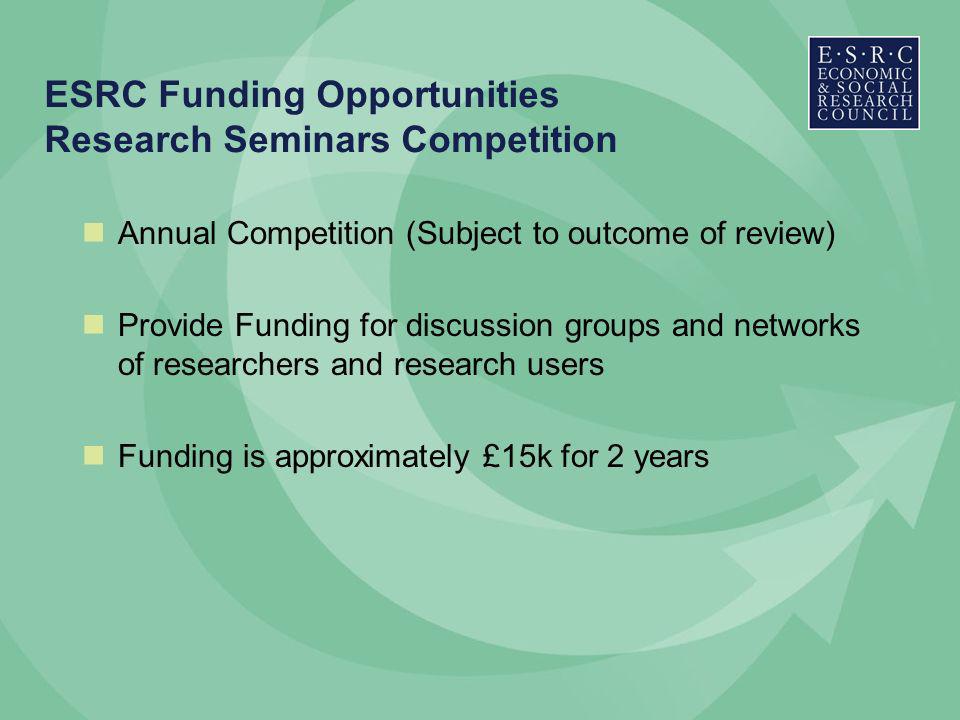 ESRC Funding Opportunities Research Seminars Competition Annual Competition (Subject to outcome of review) Provide Funding for discussion groups and networks of researchers and research users Funding is approximately £15k for 2 years