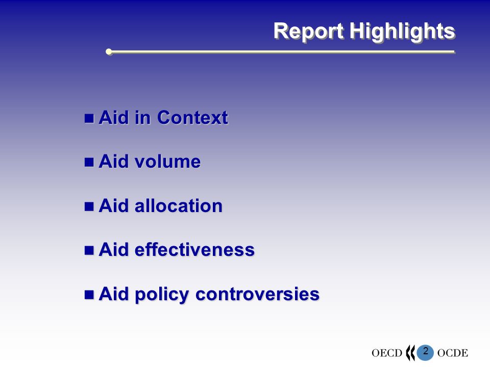 2 Report Highlights Aid in Context Aid in Context Aid volume Aid volume Aid allocation Aid allocation Aid effectiveness Aid effectiveness Aid policy controversies Aid policy controversies