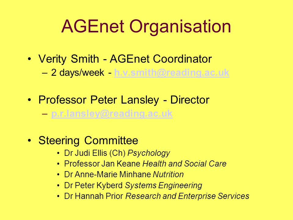 AGEnet Organisation Verity Smith - AGEnet Coordinator –2 days/week - Professor Peter Lansley - Director Steering Committee Dr Judi Ellis (Ch) Psychology Professor Jan Keane Health and Social Care Dr Anne-Marie Minhane Nutrition Dr Peter Kyberd Systems Engineering Dr Hannah Prior Research and Enterprise Services