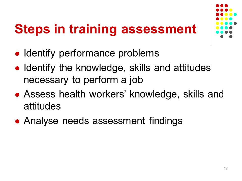 12 Steps in training assessment Identify performance problems Identify the knowledge, skills and attitudes necessary to perform a job Assess health workers knowledge, skills and attitudes Analyse needs assessment findings