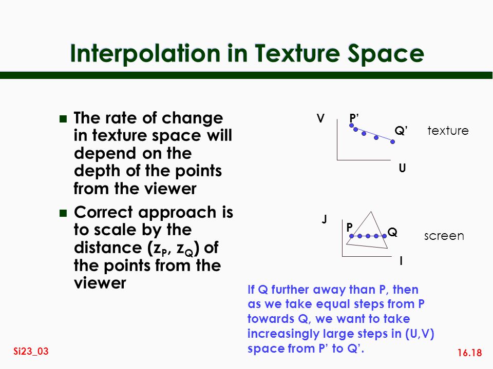 16.18 Si23_03 Interpolation in Texture Space n The rate of change in texture space will depend on the depth of the points from the viewer n Correct approach is to scale by the distance (z P, z Q ) of the points from the viewer U V texture I J screen P Q P Q If Q further away than P, then as we take equal steps from P towards Q, we want to take increasingly large steps in (U,V) space from P to Q.